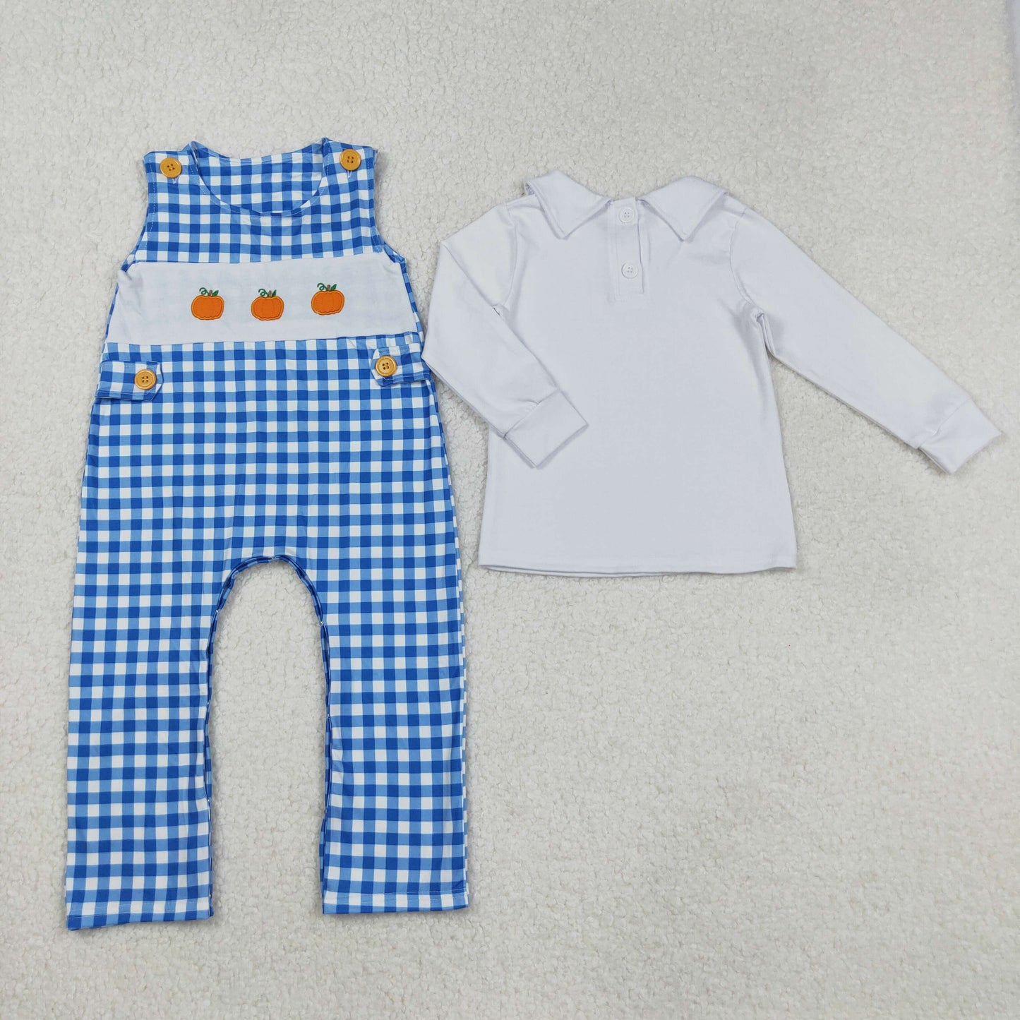 embroidery LR1501 white long sleeve Autumn pumpkin blue romper boys 2pcs romper