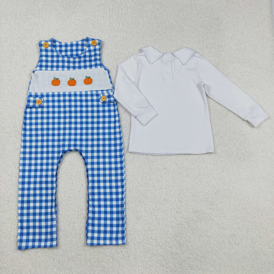 embroidery LR1501 white long sleeve Autumn pumpkin blue romper boys 2pcs romper