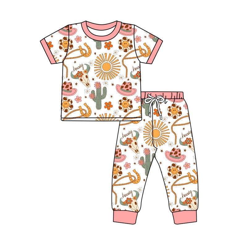 preorder GSPO1436 Western howdy cow cactus sun flowers pink short sleeve pants girls pajamas