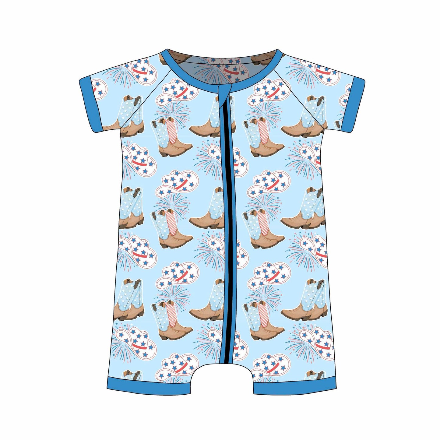 custom July 4th hat boot blue short sleeve zipper boys romper