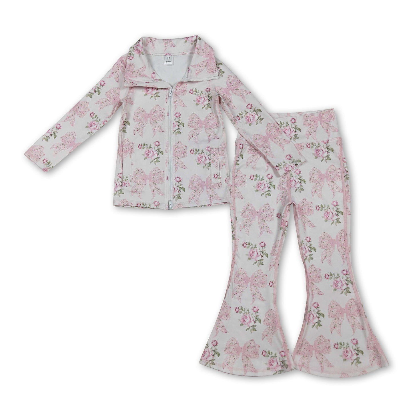 GLP2429 yoga pink flowers bows zipper long sleeve pants girls set