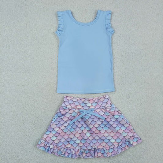 GSD3775 Yoga Blue Sleeveless Mermaid Skorts Girls Set