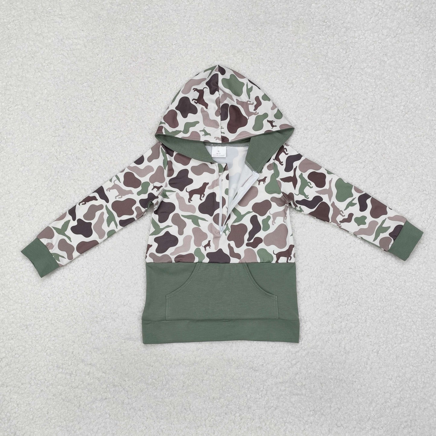 BT0914 hunting mallard green camo pocket hoodie zipper long sleeve boys pullover