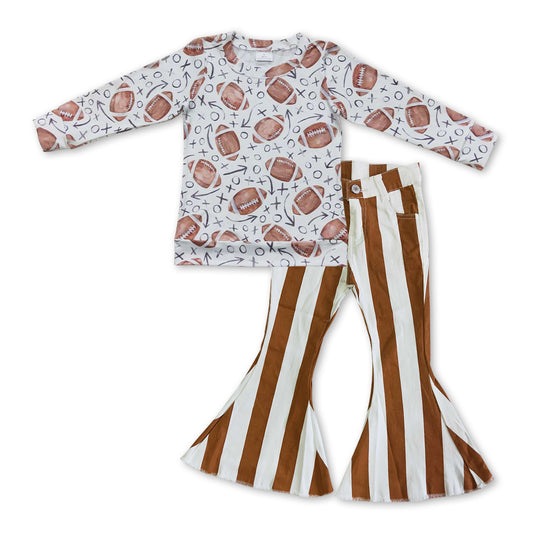 GLP0921 Football xo long sleeve top brown striped denim pants girls set