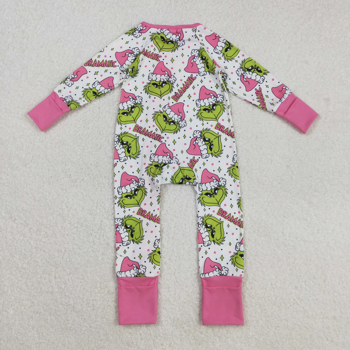 LR2495 Christmas green face dramatic pink zipper long sleeve girls romper