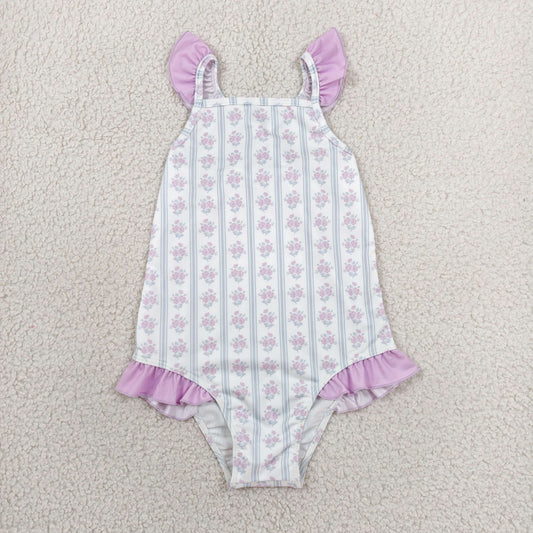 S0643 Purple Flowers Girls Swimsuits