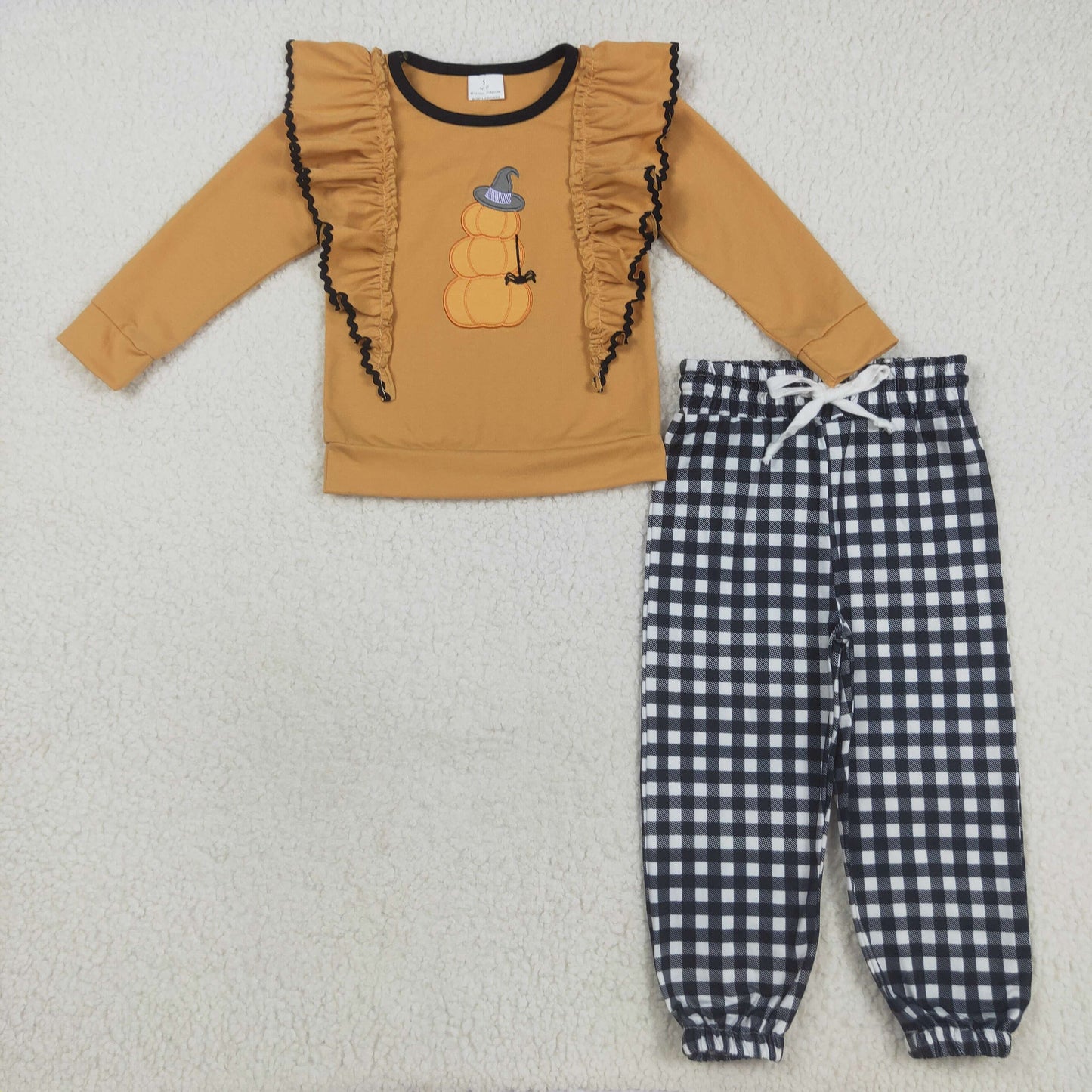 GLP2445 Halloween pumpkin hat orange long sleeve black checkered pants girls set