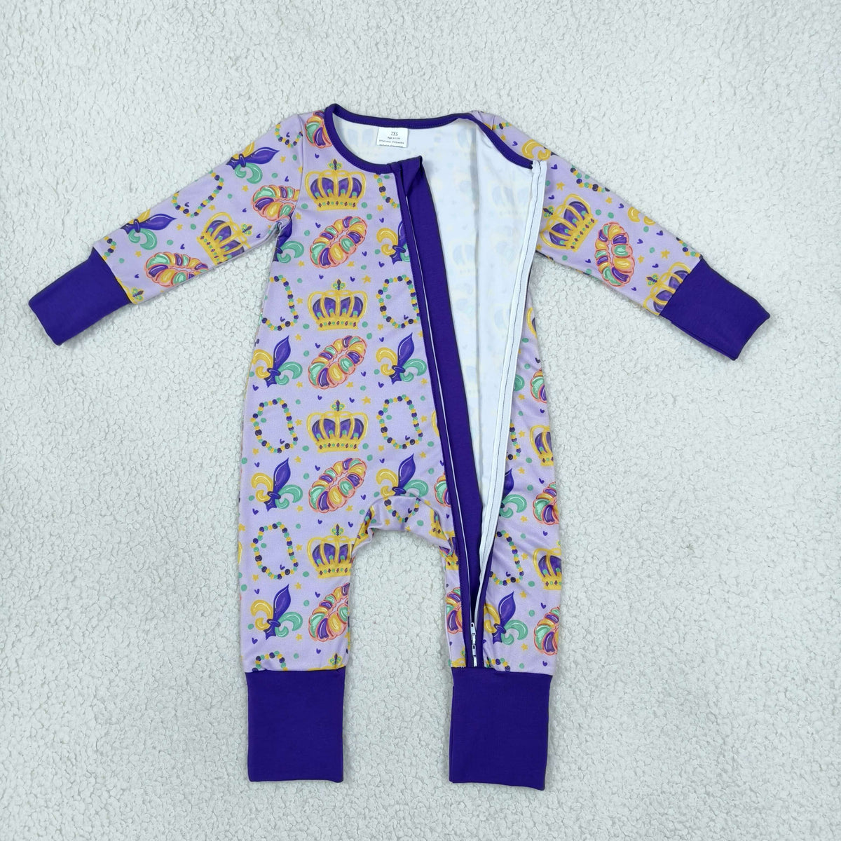LR3341 Mardi Gras Purple Zipper Long Sleeve Girls Romper