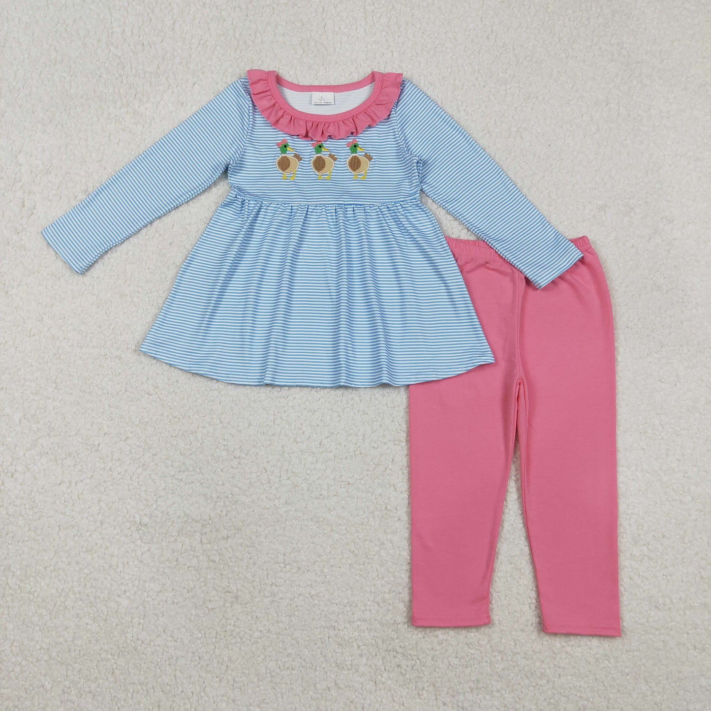 embroidery GLP2923 hunting mallard duck blue striped long sleeve pink pants girls set