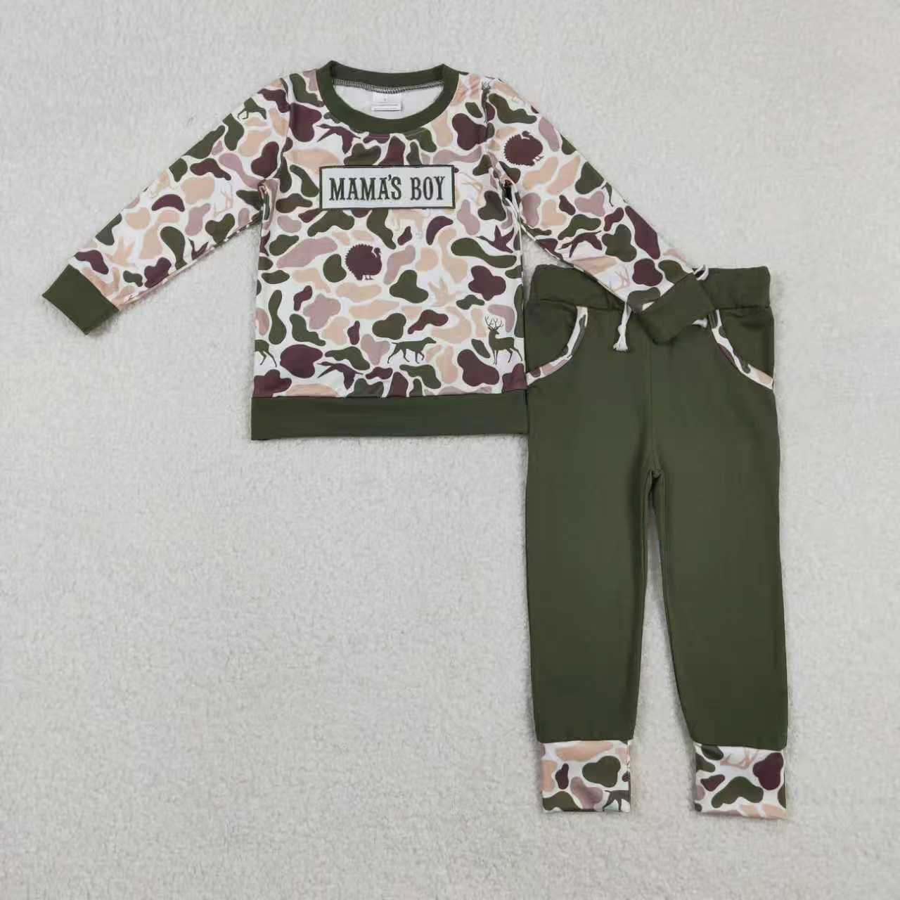 Embroidery Mama's Boy Camo Romper/Set RTS Sibling Clothes