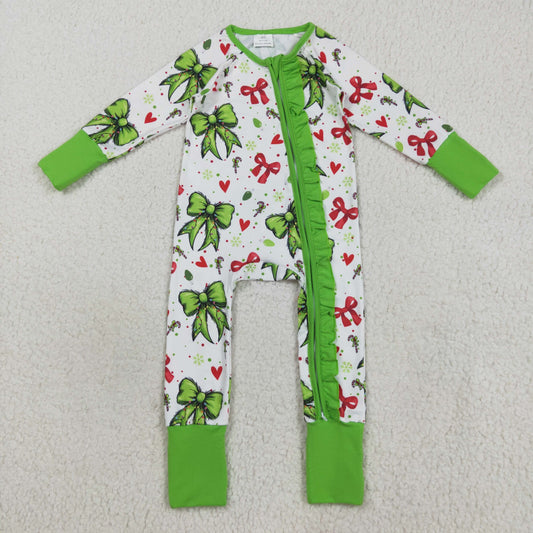 Custom moq 20 bamboo Christmas green red bows zipper long sleeve girls romper