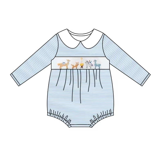 custom deer giraffe animals blue striped long sleeve boys romper