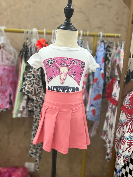 Western cow short sleeve yoga pink skirt skort girls set