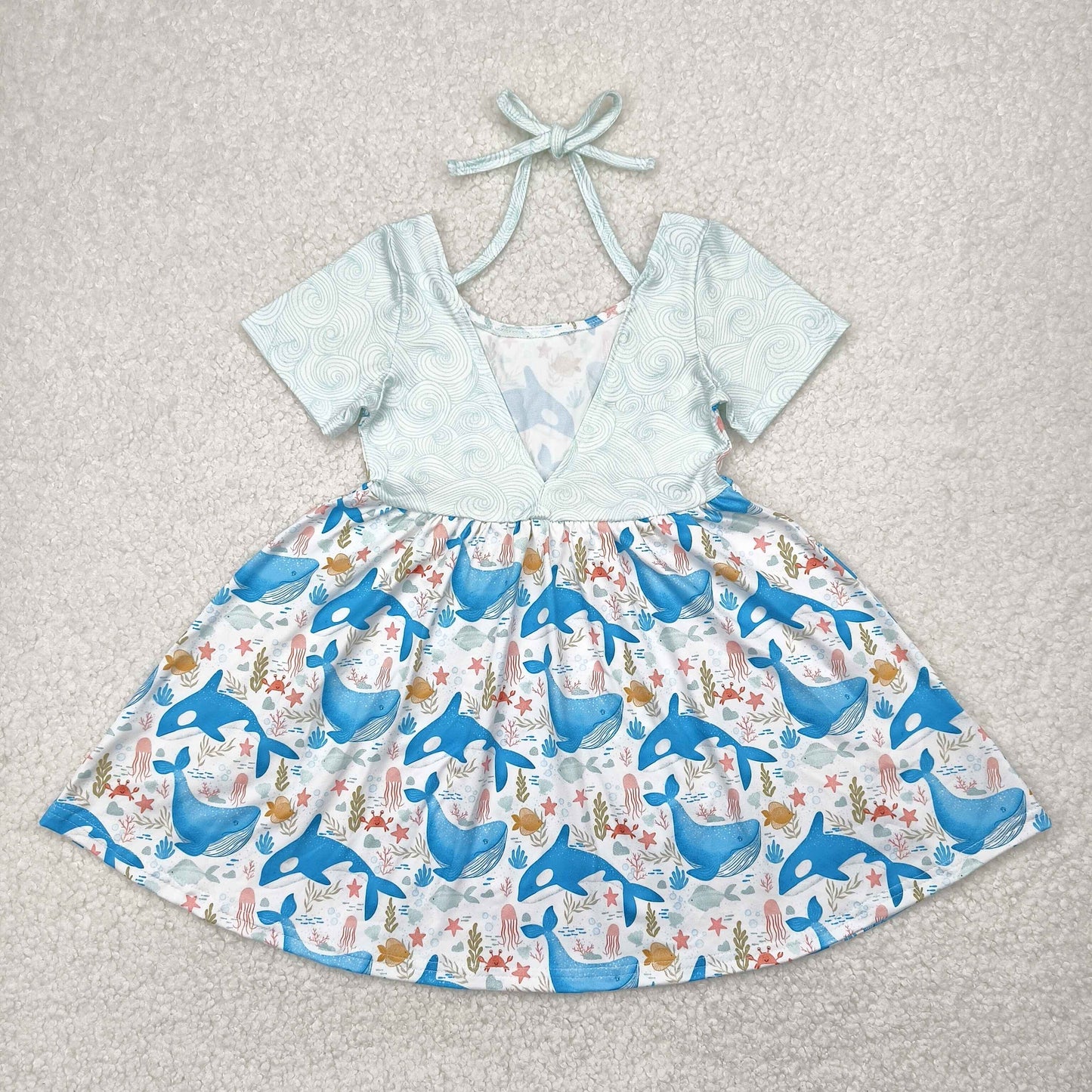 GSD2011 blue cute whale flowers short sleeve girls dress