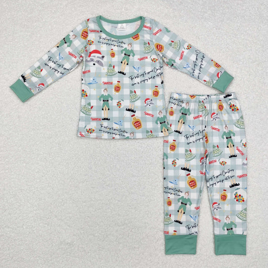 bamboo BLP0804 Christmas cartoon animals green checkered long sleeve pants boys pajamas