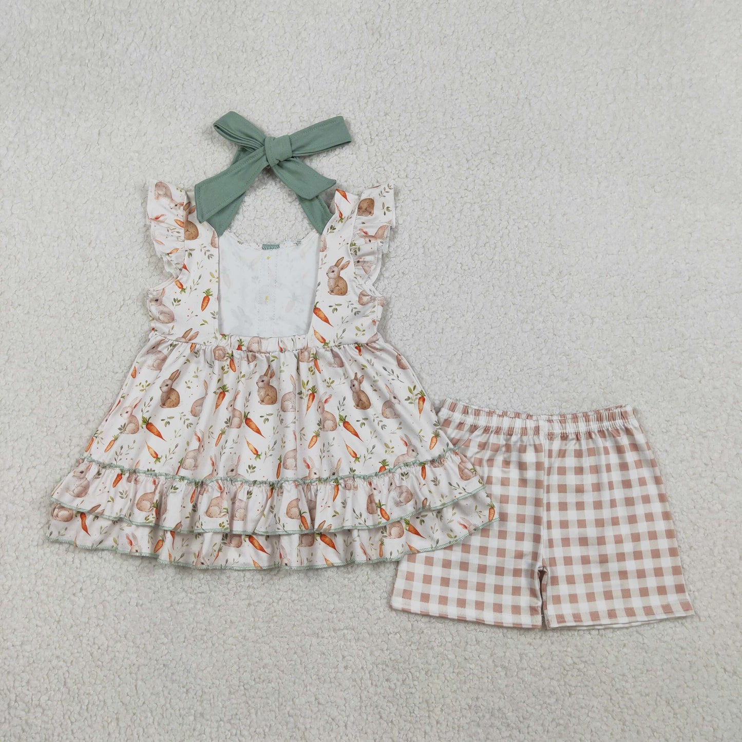 GSSO2980 Easter Bunny Rabbit Carrot Flutter Sleeve Checkered Shorts Girls Set