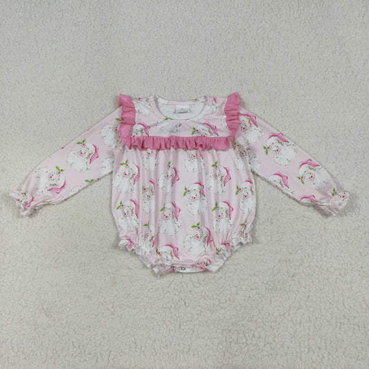 LR2208 Christmas Santa hot pink ruffles long sleeve girls romper