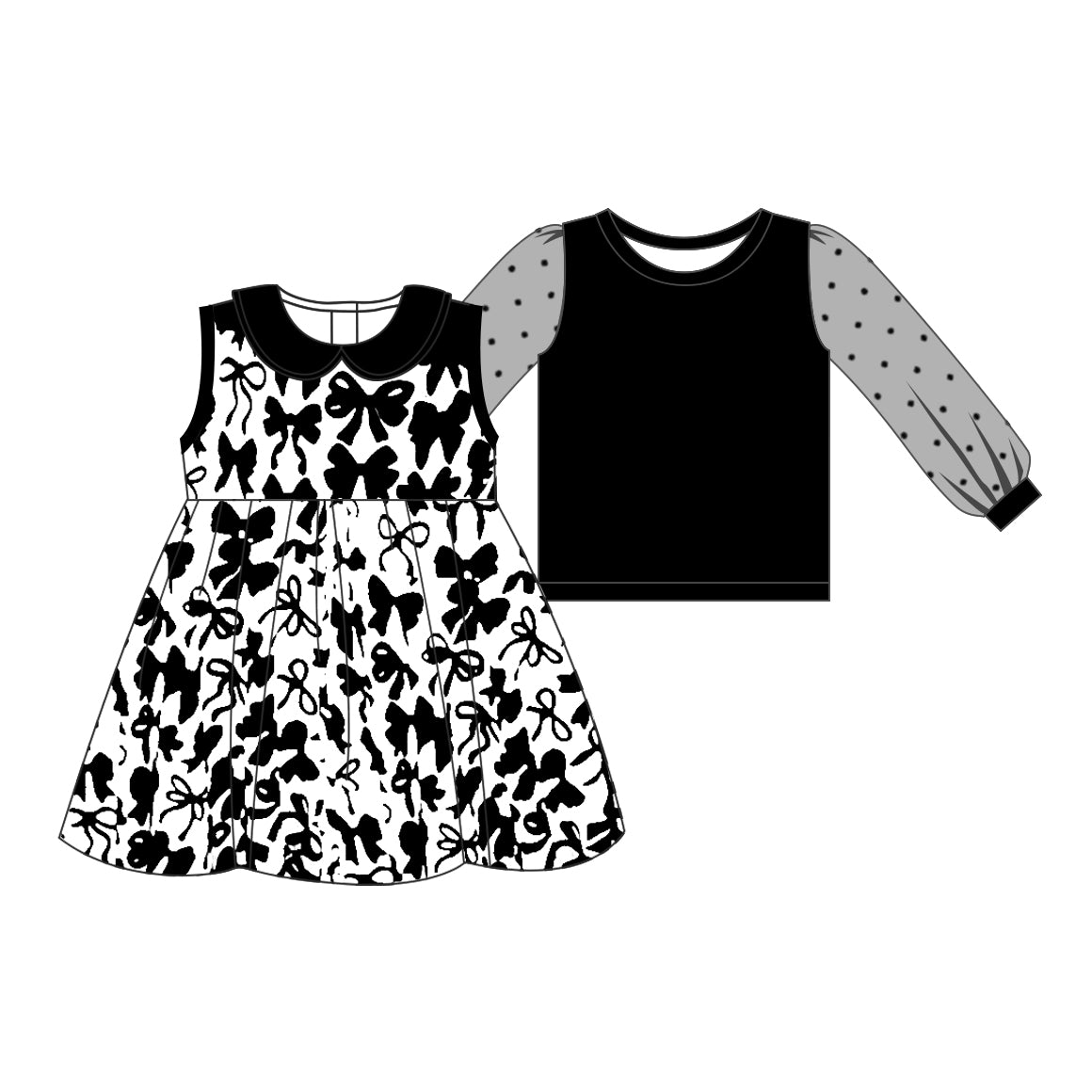 custom moq 3 black lace long sleeve black bows sleeveless dress 2pc girls set