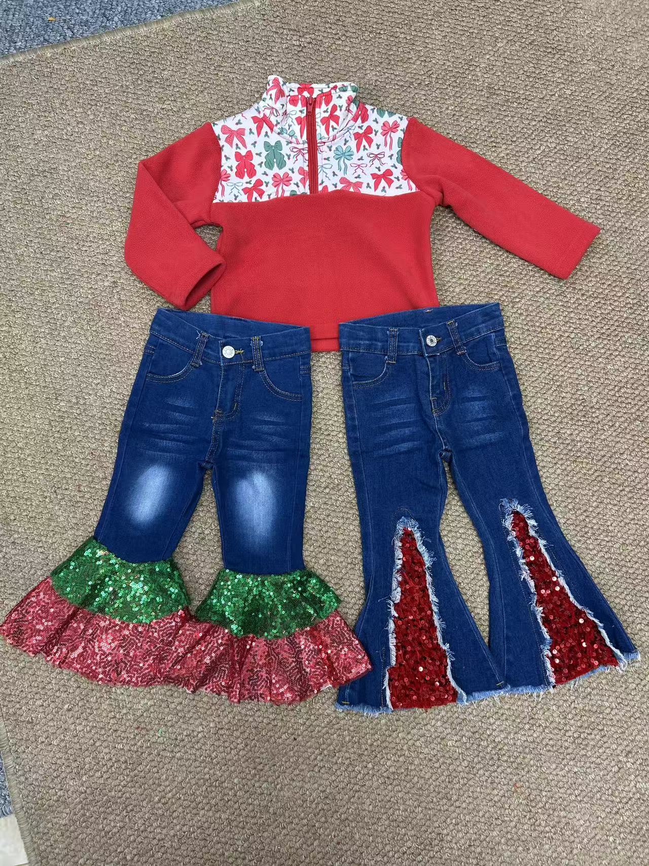 sherpa Christmas bows zipper long sleeve sequin pants girls set RTS Sibling Clothes