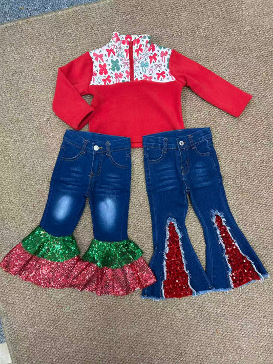 sherpa Christmas bows zipper long sleeve sequin pants girls set RTS Sibling Clothes