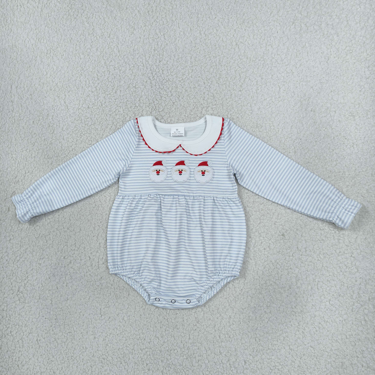 Embroidery R3136 Christmas Santa Blue Long Sleeve Girls Romper