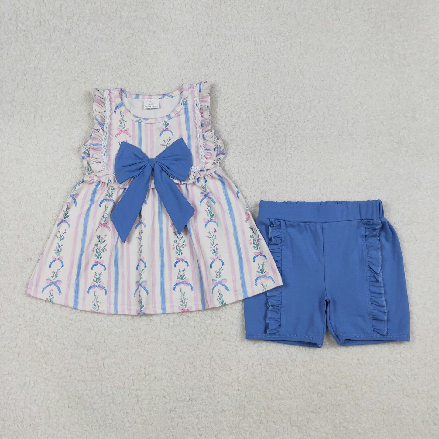 GSSO2533 pink flowers bows stripped sleeveless blue shorts girls set