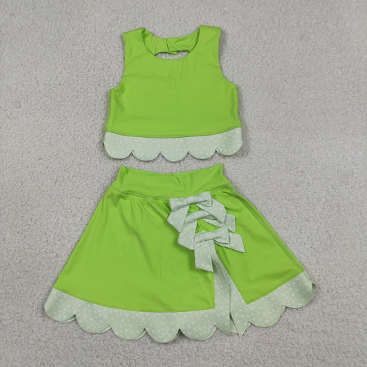 GSD3322 Yoga Solid Color Mint Green Sleeveless Bows Skorts Girls Set