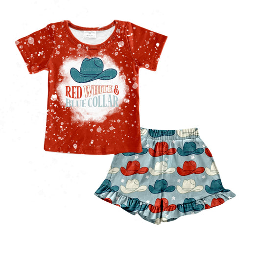 preorder GSSO0560 Western Red White Blue Collar Short Sleeve Shorts Girls Set