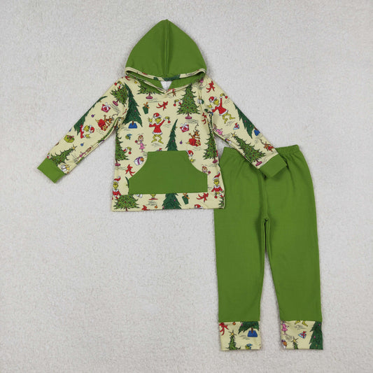 BLP1224 Christmas green face tree pocket hoodie long sleeve green pants boys set