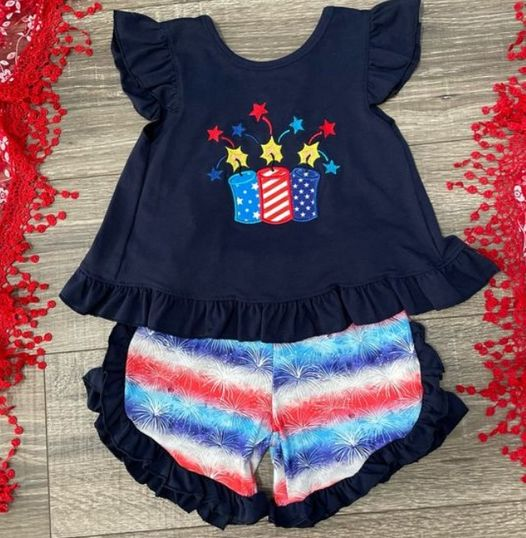 preorder GSSO0687 July 4th Star flutter sleeve red blue striped shorts girls set