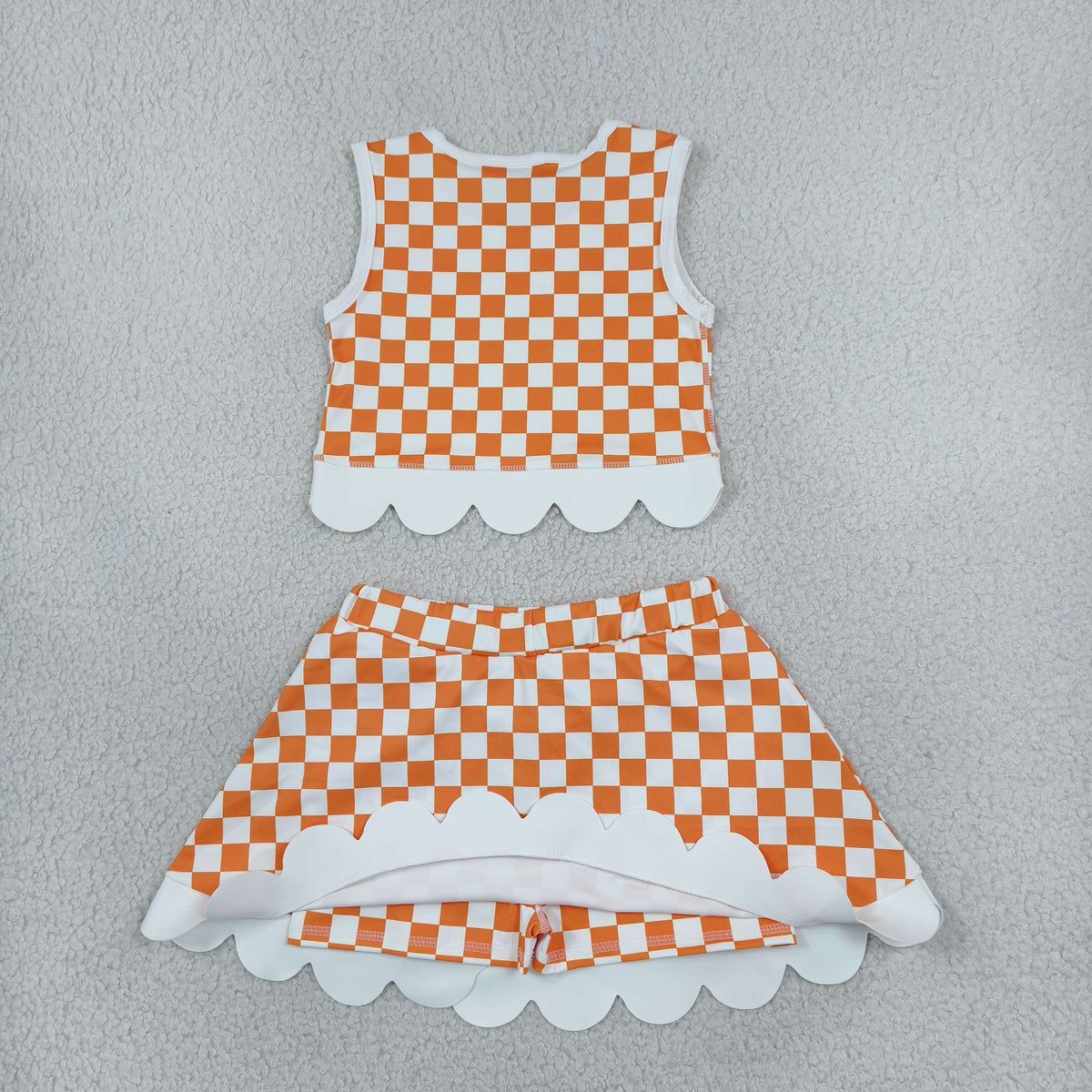 GSD4282 Yoga Team Orange Checkered Sleeveless Bows Skorts Girls Set