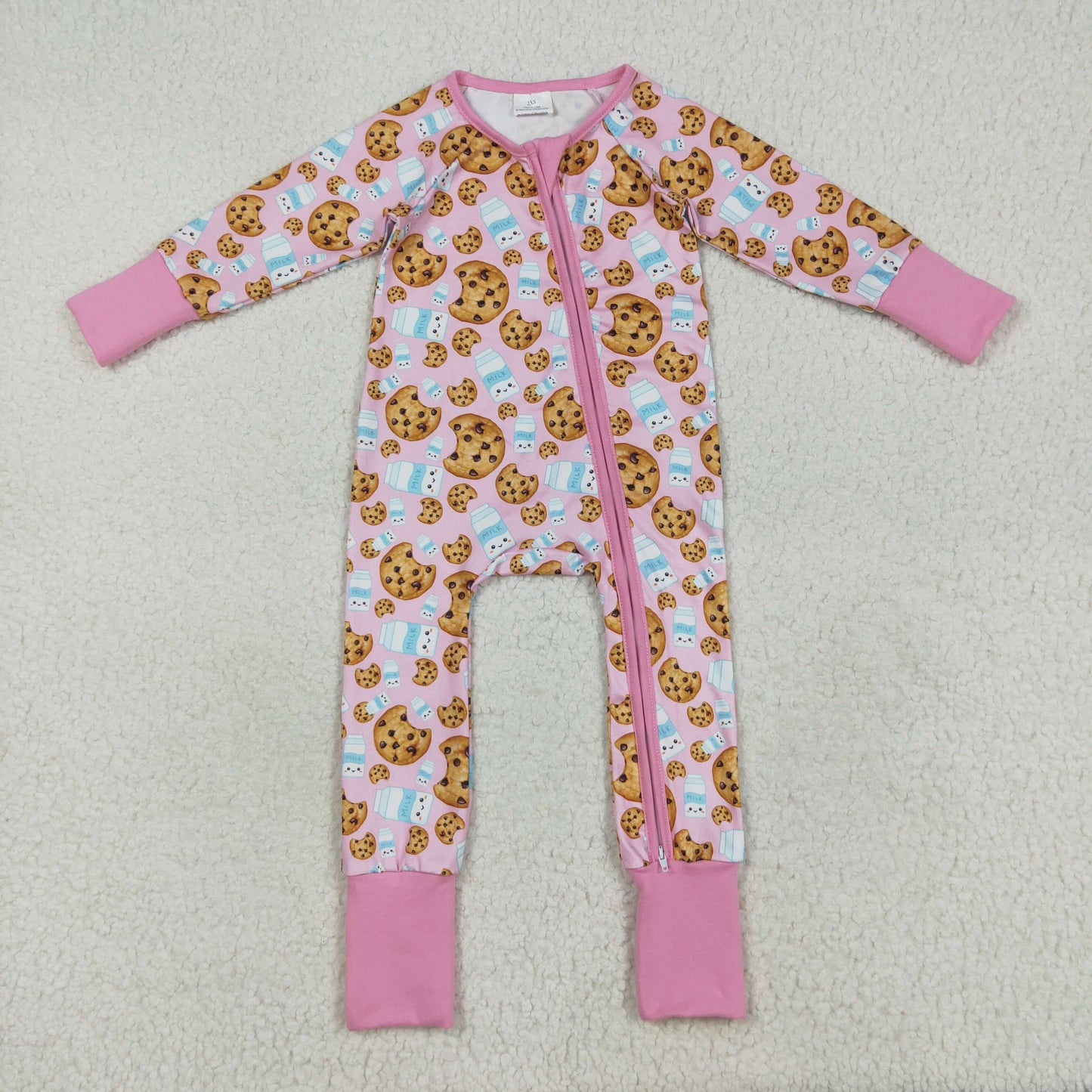 Custom moq 20 bamboo Christmas cookie milk pink long sleeve zipper girls romper