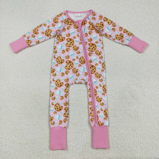 Custom moq 20 bamboo Christmas cookie milk pink long sleeve zipper girls romper
