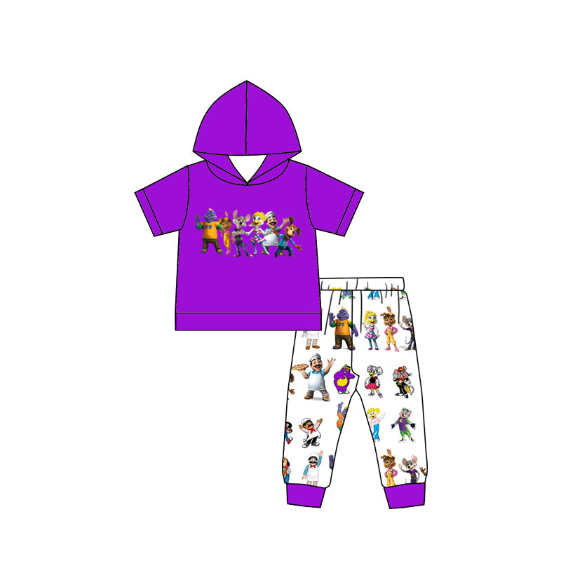 custom cartoon animals purple hoodie short sleeve pants boys set