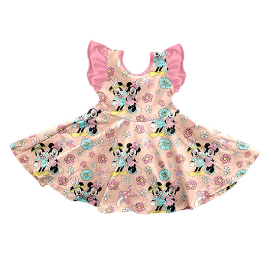 custom Easter Cartoon Flowers Pink Flutter Sleeve Girls Dress