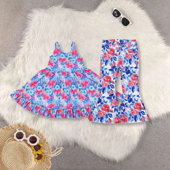 blue flowers rose girls jeans/dress RTS sibling clothes
