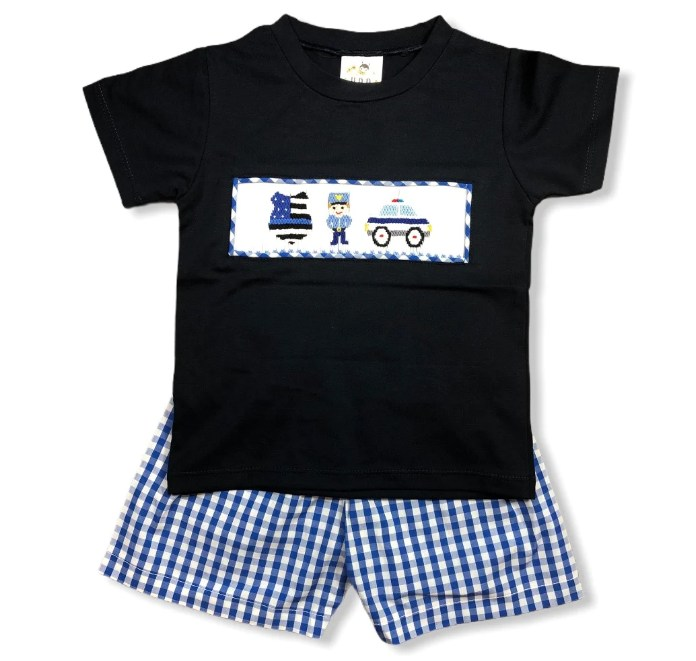 preorder BSSO0294 Toy police car black short sleeve navy checkered shorts boys set