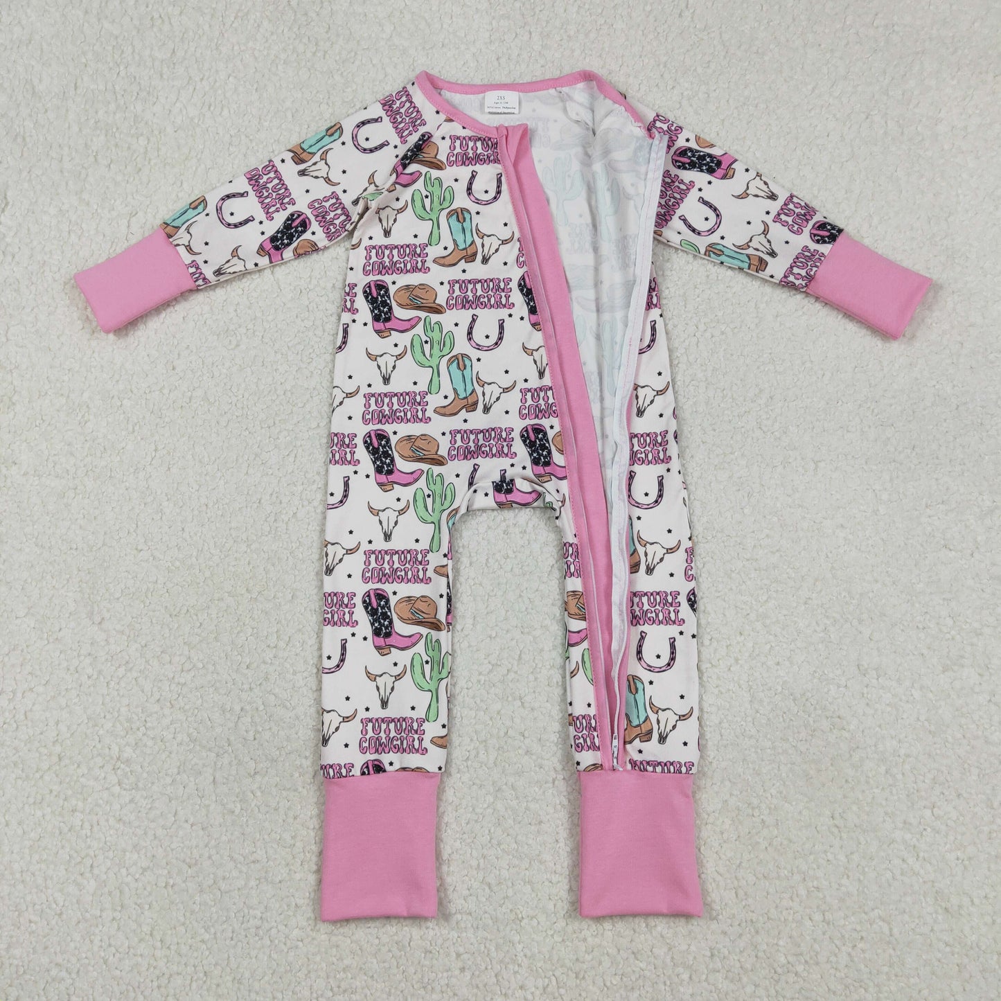 LR2945 Western Boots Hat Cactus Pink Long Sleeve Boys Romper