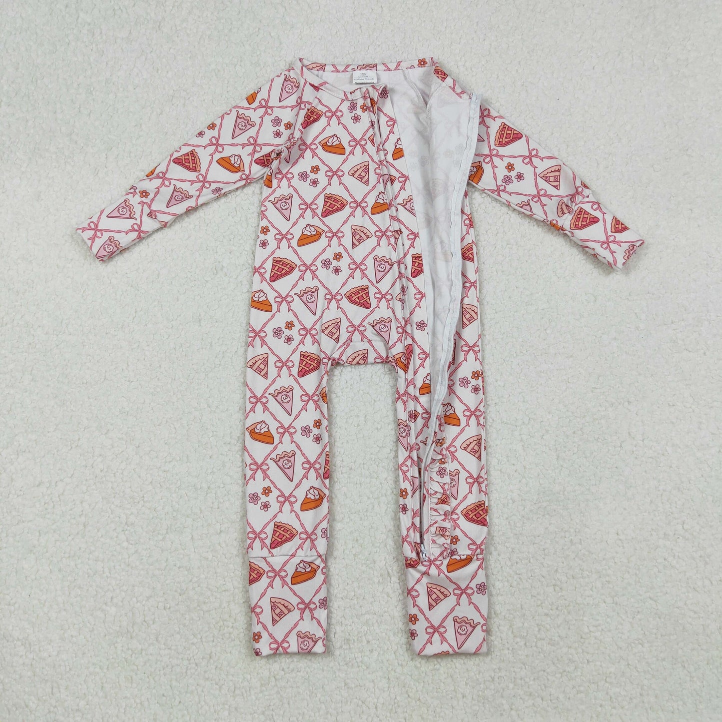 LR2594 thanksgiving pie bows long sleeve zipper girls romper