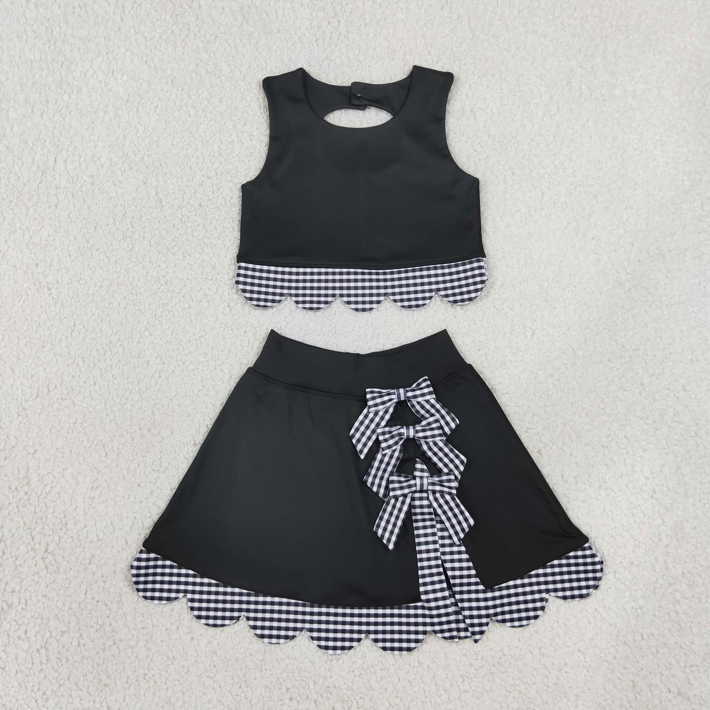 GSD4176 Yoga Scallop Black Sleeveless Bows Skorts Girls Set