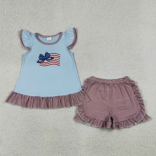 Embroidery GSSO3278 July 4th Flag Bow Blue Flutter Sleeve Red Shorts Girls Set
