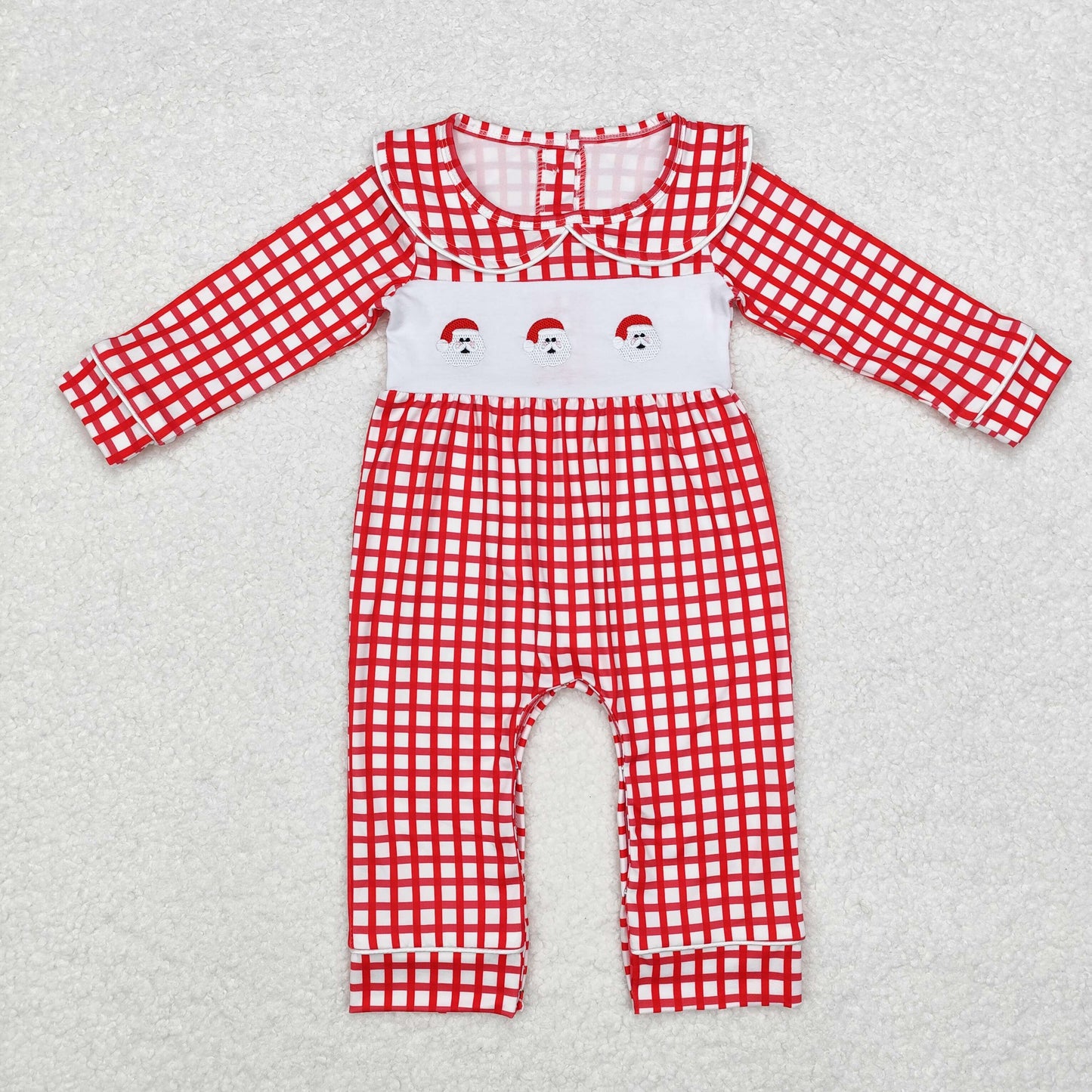 embroidery LR1263 Christmas Santa red checkered long sleeve girls romper