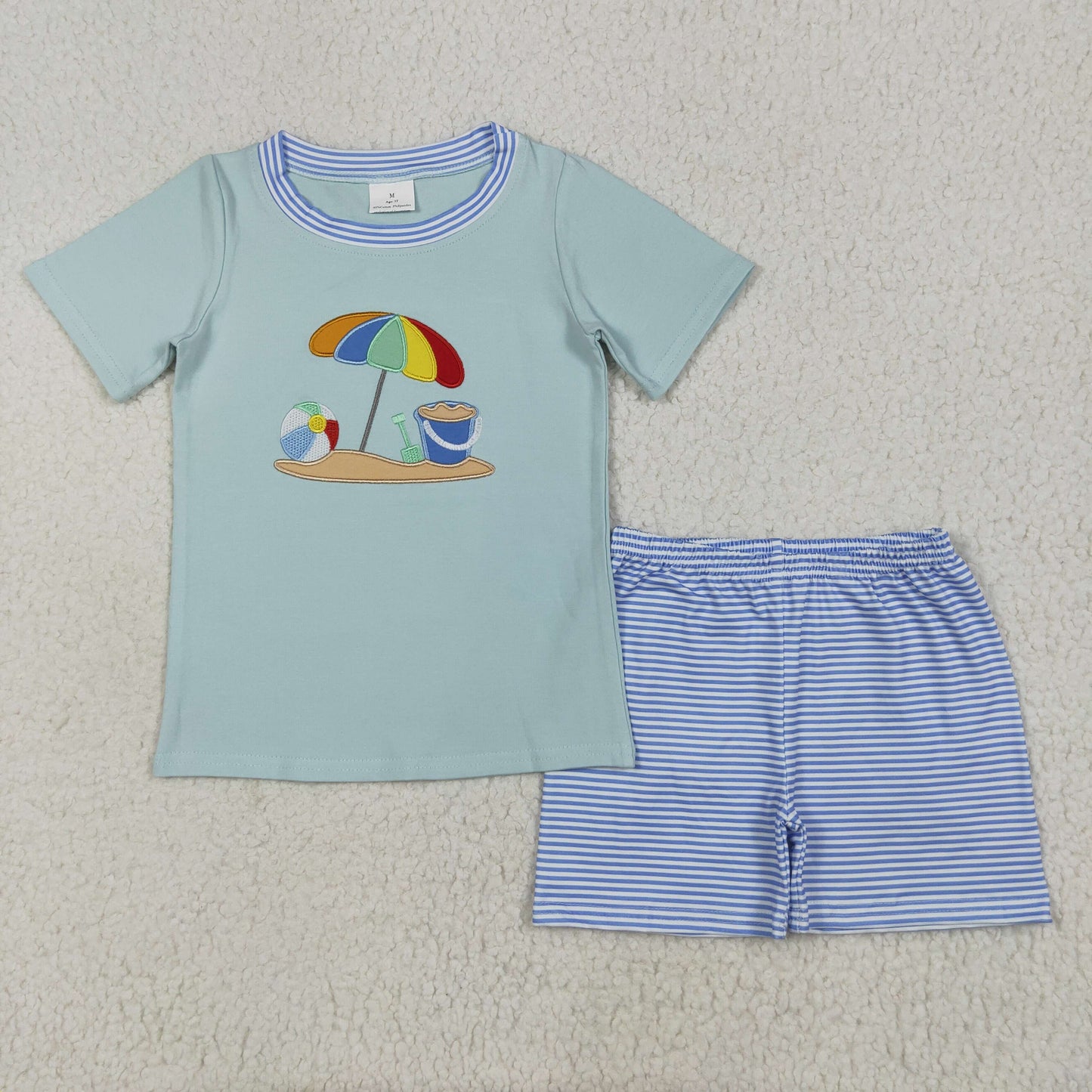 embroidery BSSO1485 branch white short sleeve blue striped shorts boys set