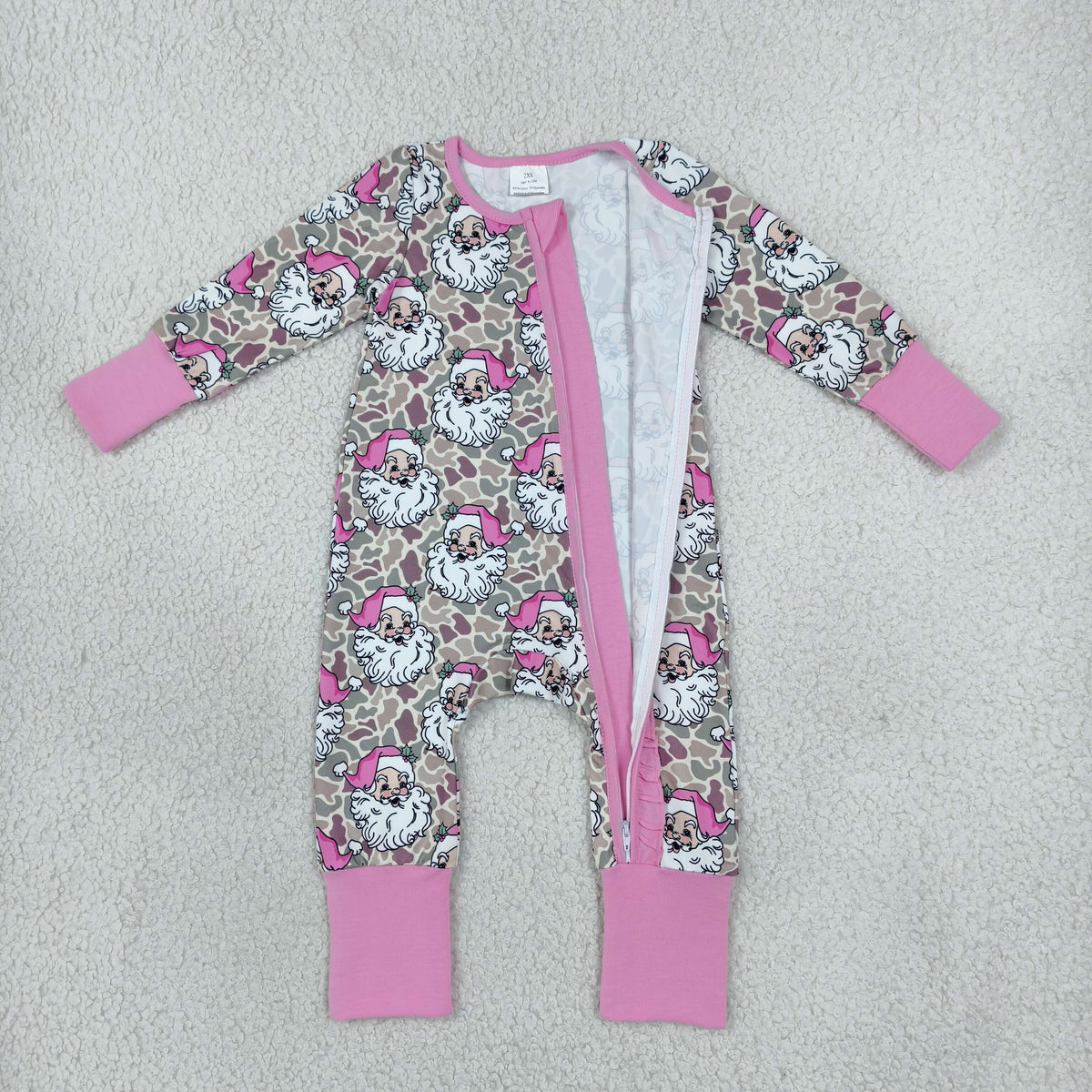 LR3305 Christmas Santa Camo Pink Zipper Long Sleeve Girls Romper