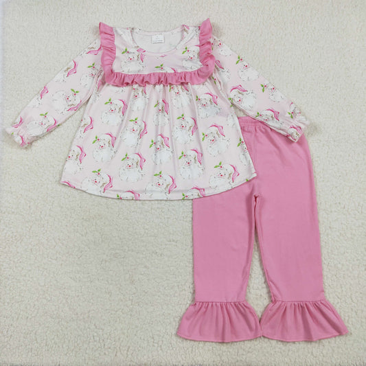 GLP2345 Christmas Santa ruffles pink long sleeve hot pink pants girls set