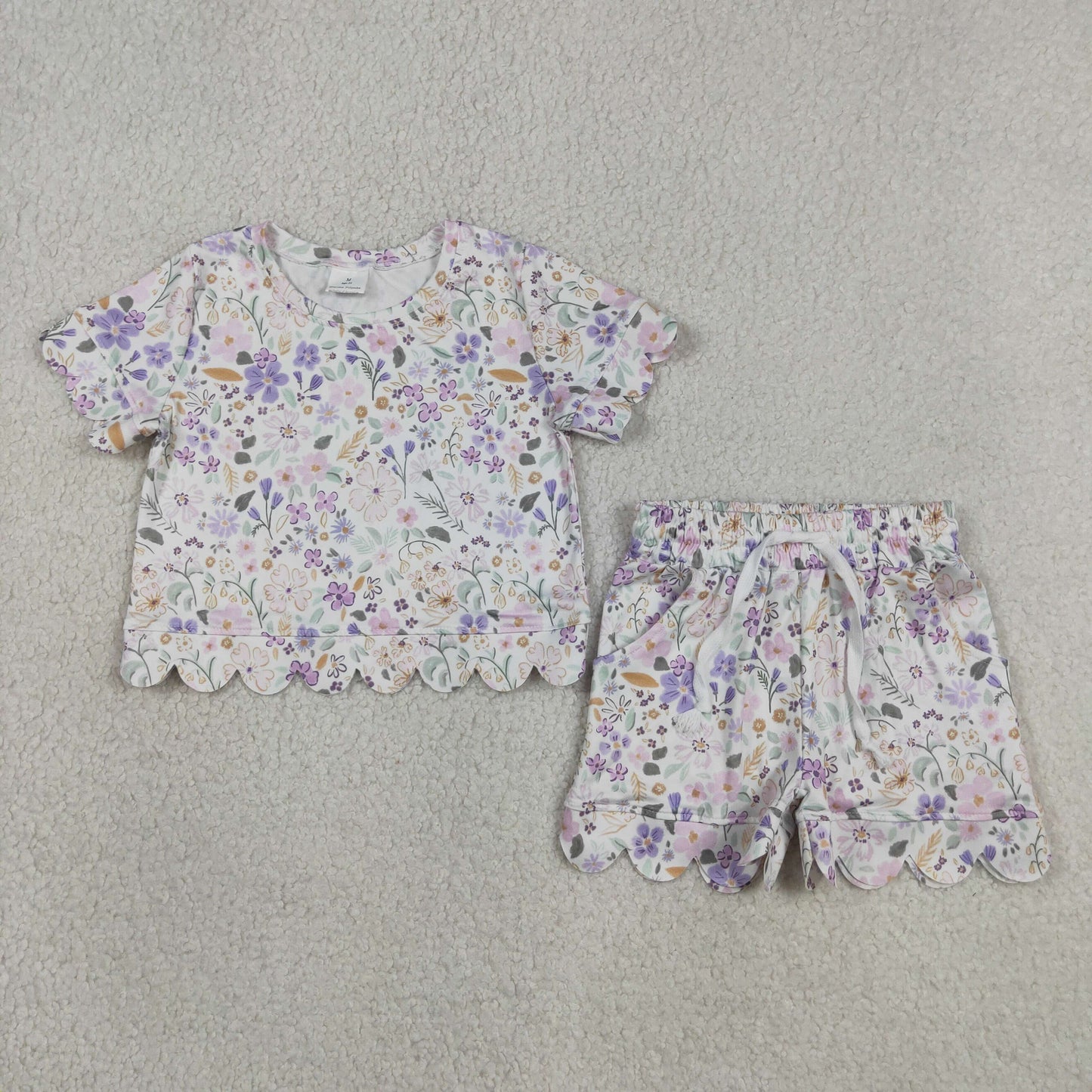 GSSO3267 Scallop Flowers Purple Short Sleeve Shorts Girls Set