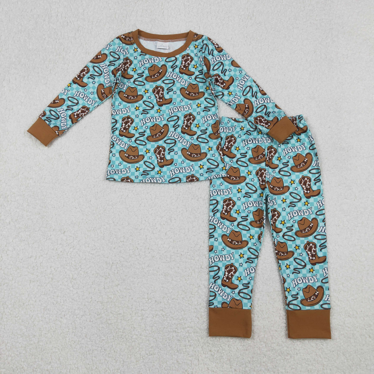 BLP1207 Western howdy boot hat blue checkered long sleeve pants boys pajamas