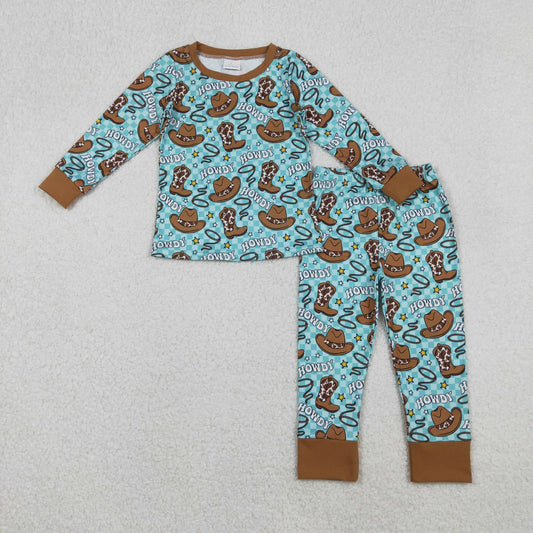 BLP1207 Western howdy boot hat blue checkered long sleeve pants boys pajamas