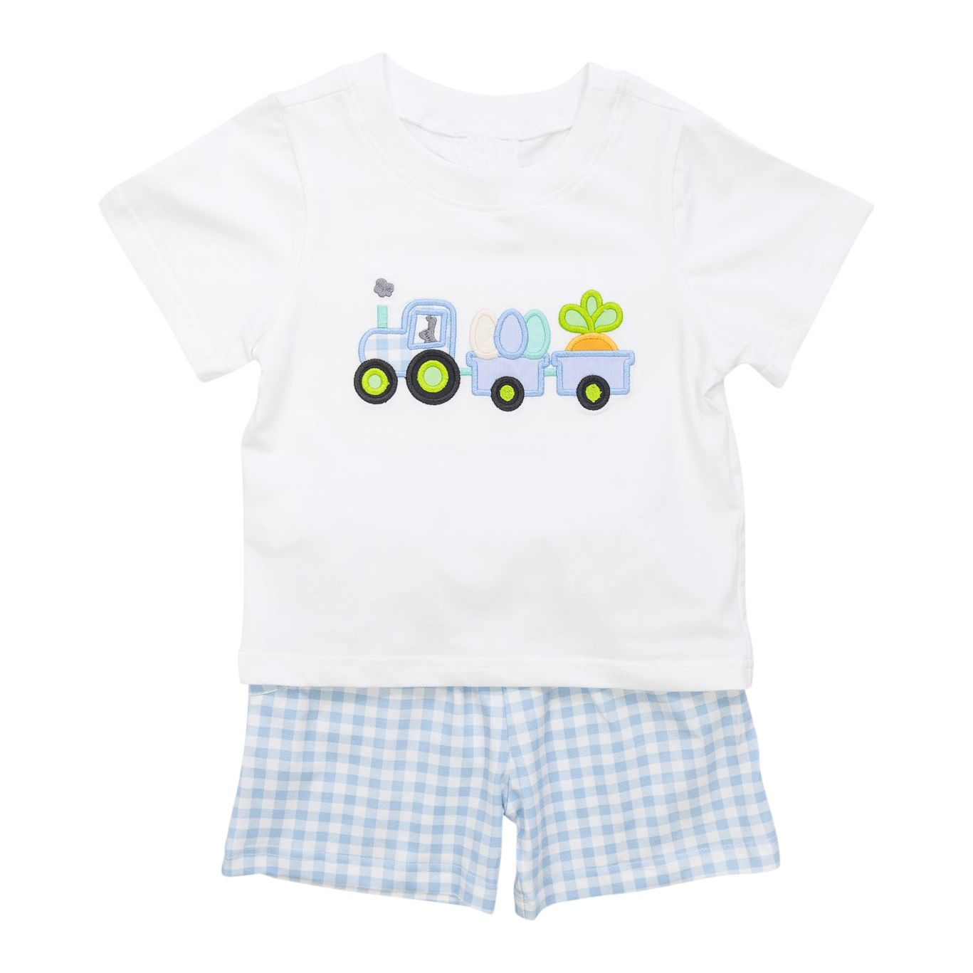 preorder BSSO1173 Easter Egg Carrot Truck White Short Sleeve Blue Checkered Shorts Boys Set
