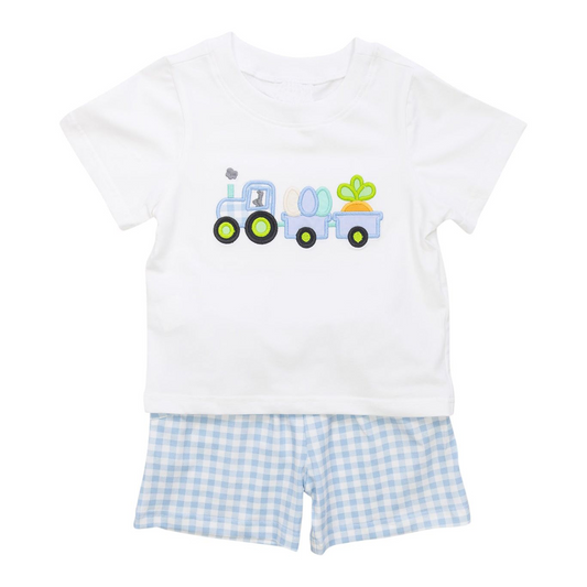 preorder BSSO1173 Easter Egg Carrot Truck White Short Sleeve Blue Checkered Shorts Boys Set